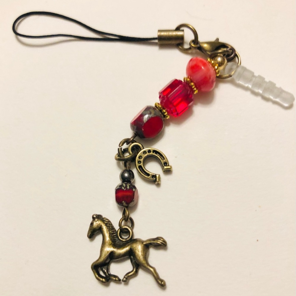 Bronze Horse Phone Charm w Red Beads, Dust Plug,